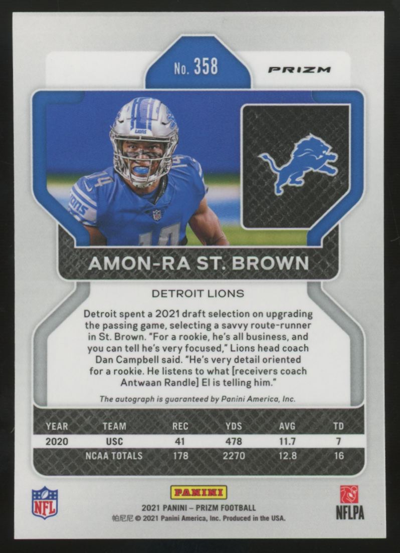 2021 Panini Prizm Amon-Ra St. Brown RC No Huddle Auto #358