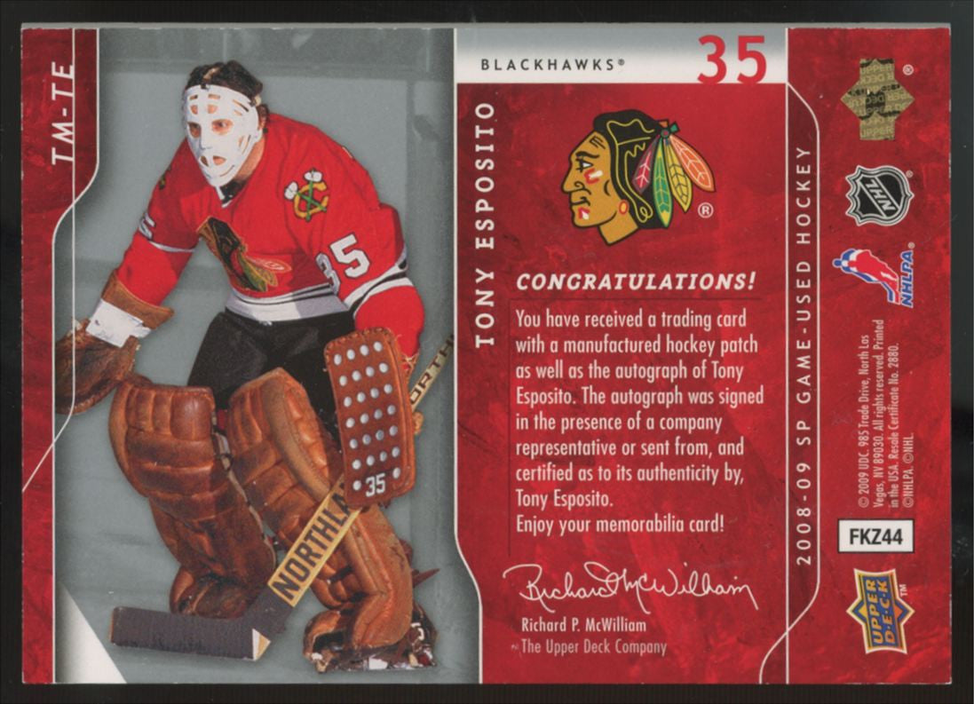 2008-09 UD SP Game Used Tony Esposito Team Marks Patch Auto /50 #TM-TE