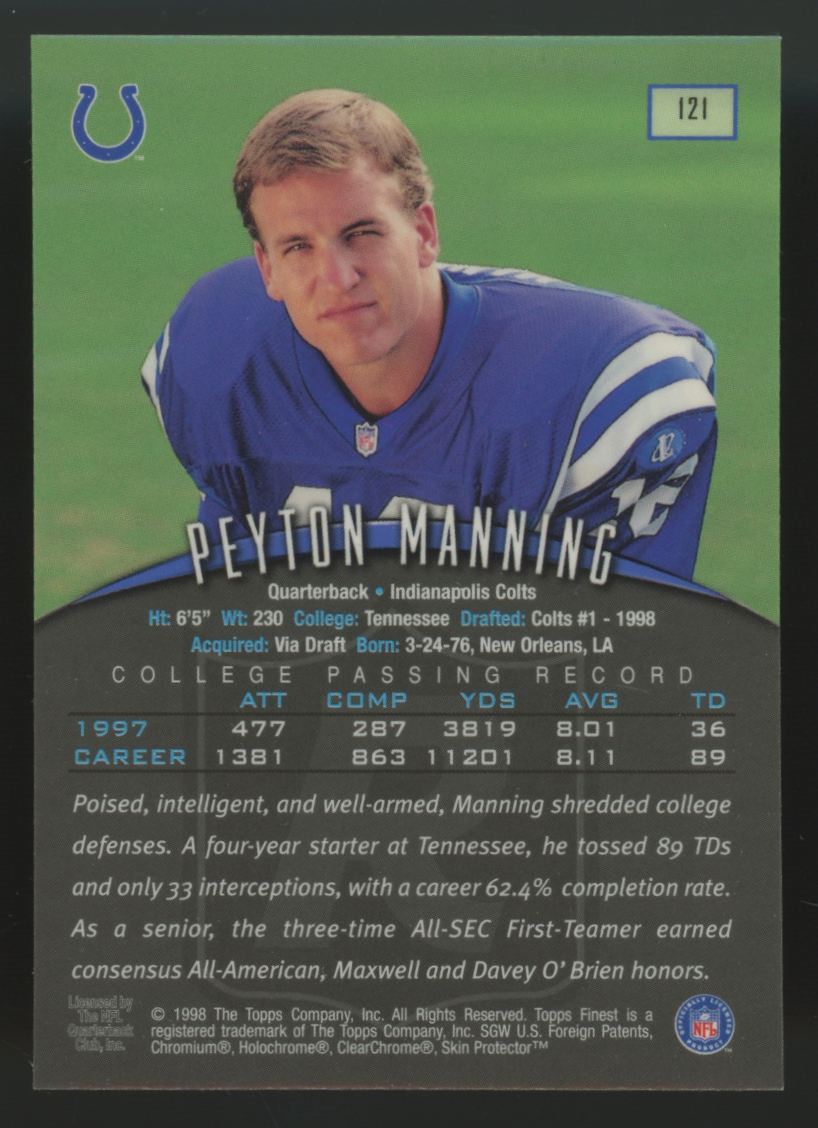 1998 Topps Finest Peyton Manning RC W/ Coating #121 "A"