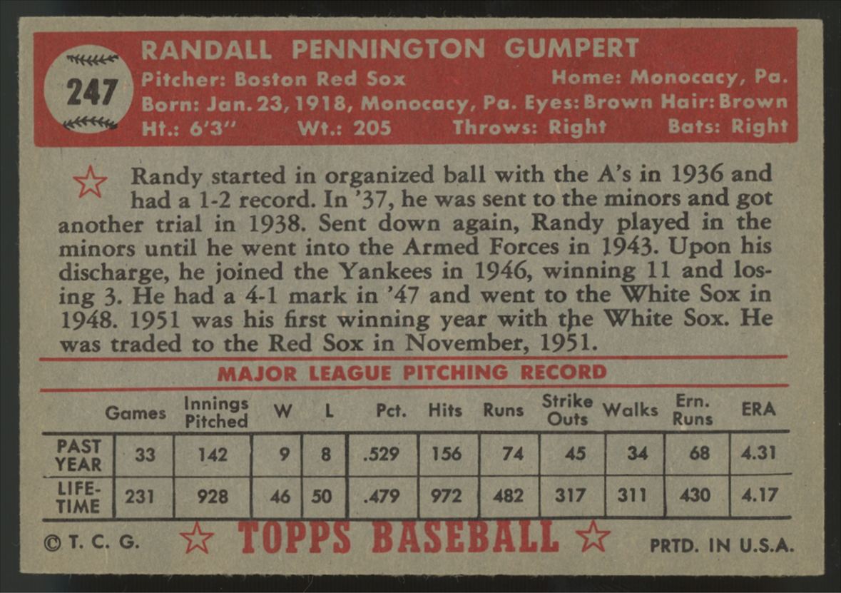 1952 Topps Randy Gumpert #247 EX/MT