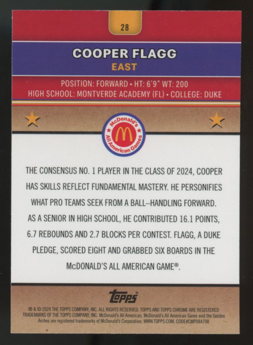 2024 Topps Chrome McDonald's All American Cooper Flagg McFlurry Refractor "A"