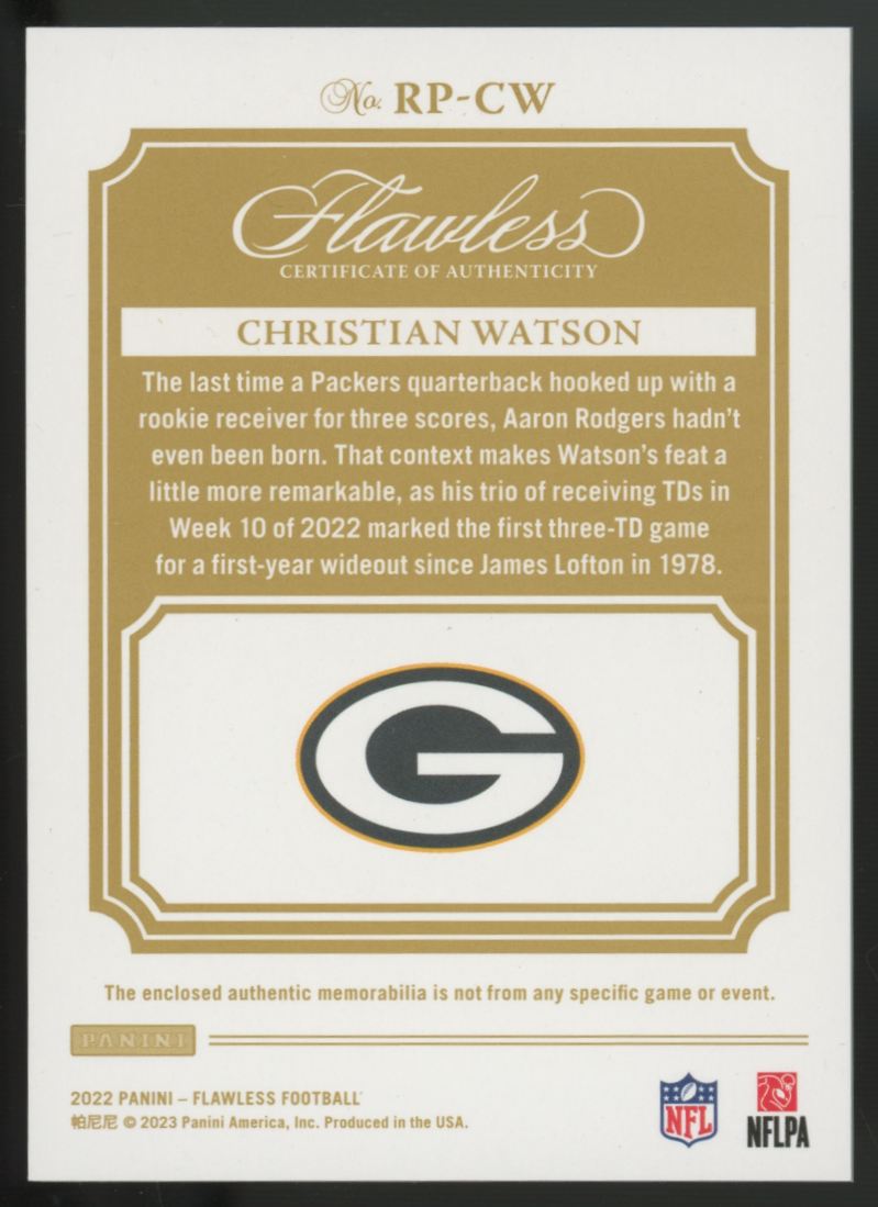 2022 Panini Flawless Christian Watson RC Patch Sapphire /10 #RP-CW