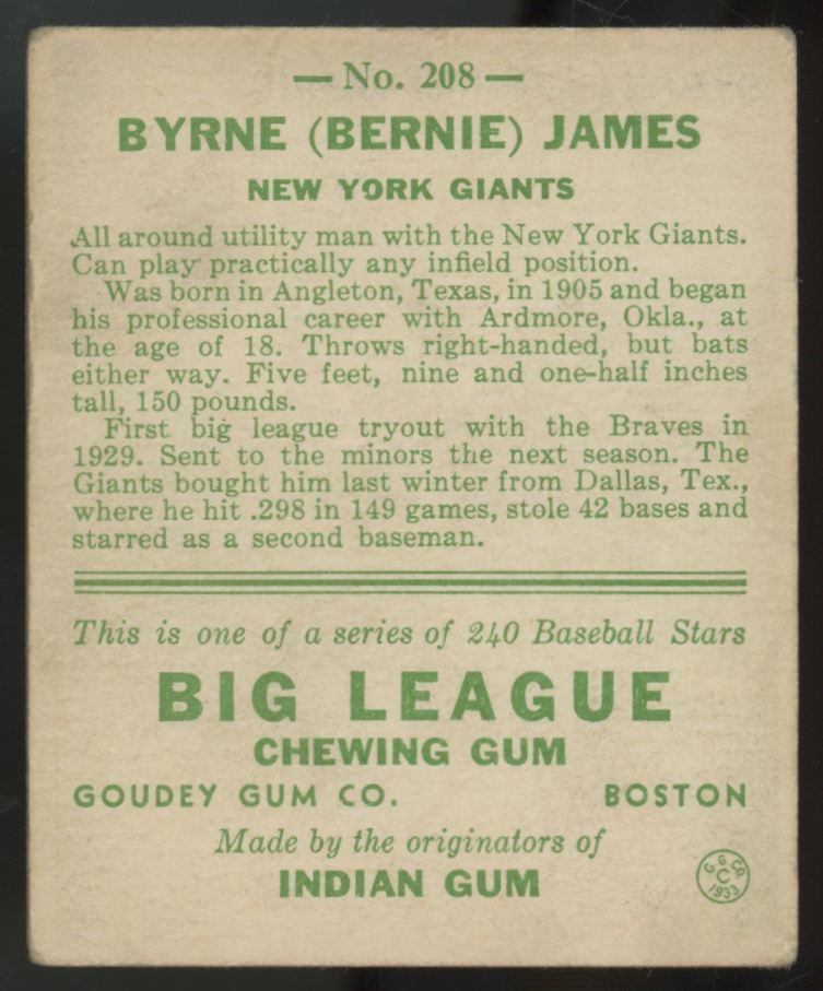 1933 Goudey Byrne "Bernie" James #208 Good