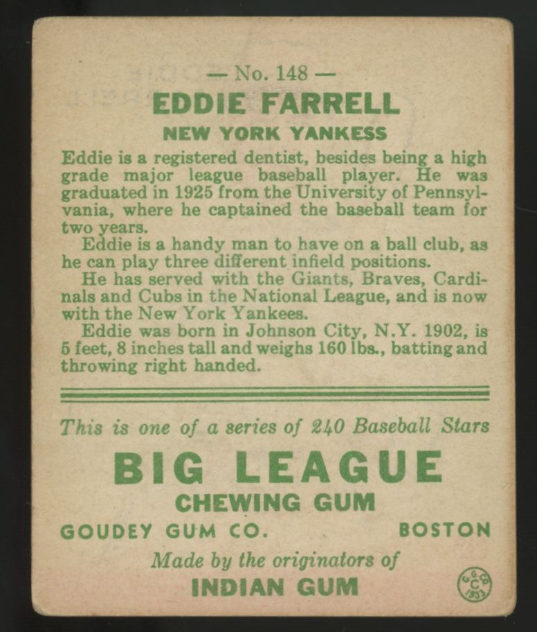 1933 Goudey Eddie Farrell #148 G/VG