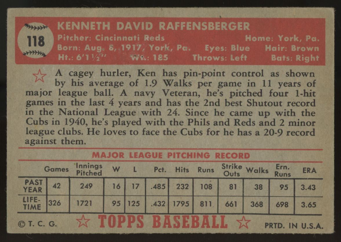 1952 Topps Ken Raffensberger #118 VG "A"