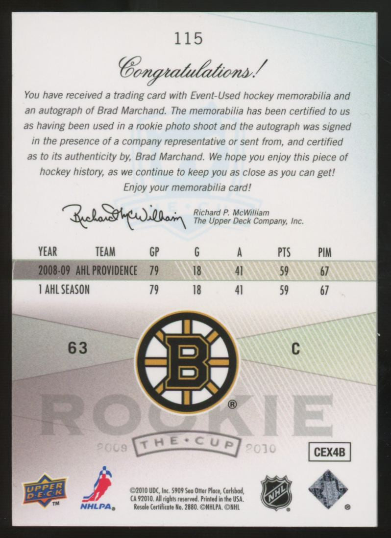 2009-10 Upper Deck The Cup Brad Marchand RC Patch Auto RPA /249 #115