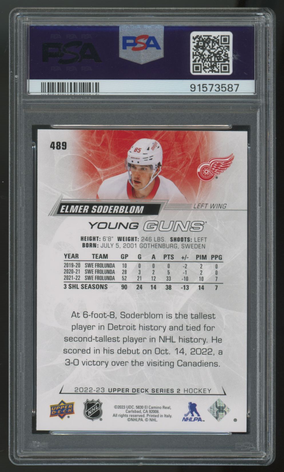 2022-23 Upper Deck Series Two Elmer Soderblom RC Young Guns #489 PSA 10