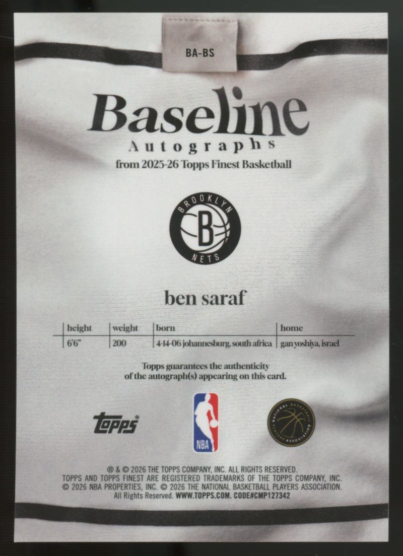 2025-26 Topps Finest Ben Saraf RC Baseline Yellow Geometric Auto /35 #BA-BS