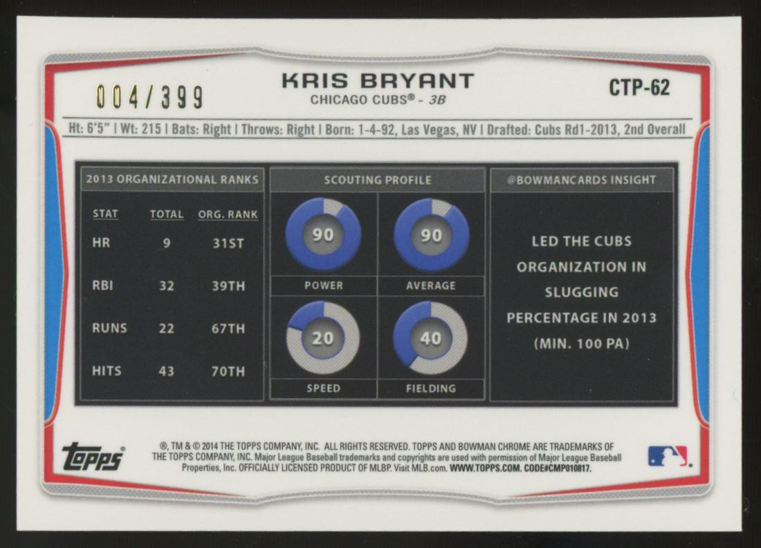 2014 Bowman Chrome Draft Kris Bryant RC Prospect Blue Refractor /399 #CTP-62