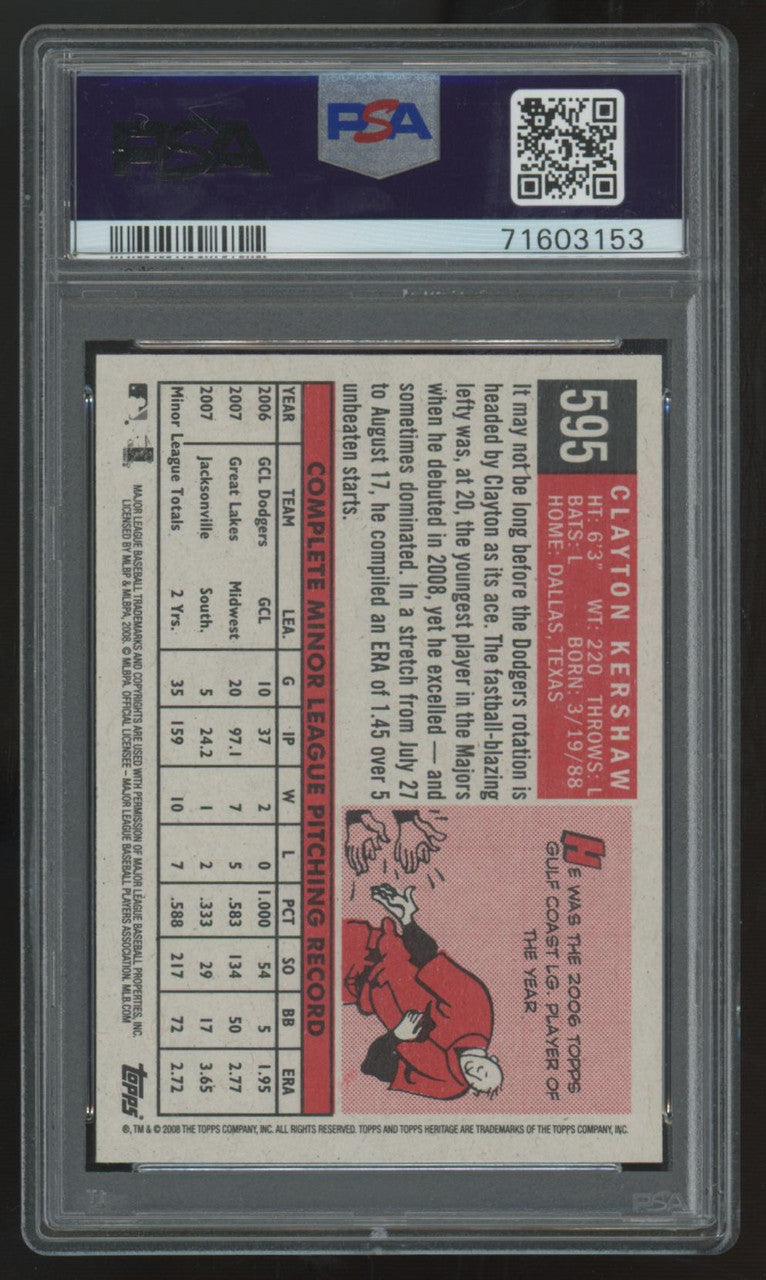 2008 Topps Heritage Clayton Kershaw RC #595 PSA 9
