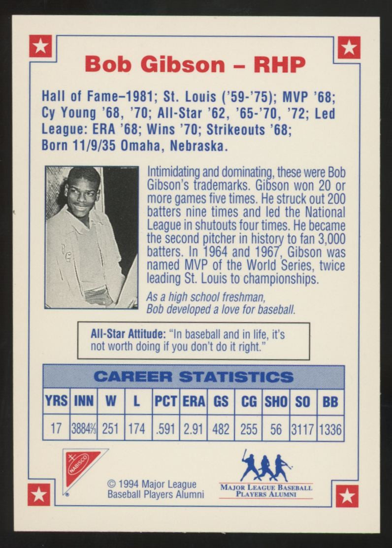 1994 Nabisco All-Star Legends Bob Gibson Auto With COA