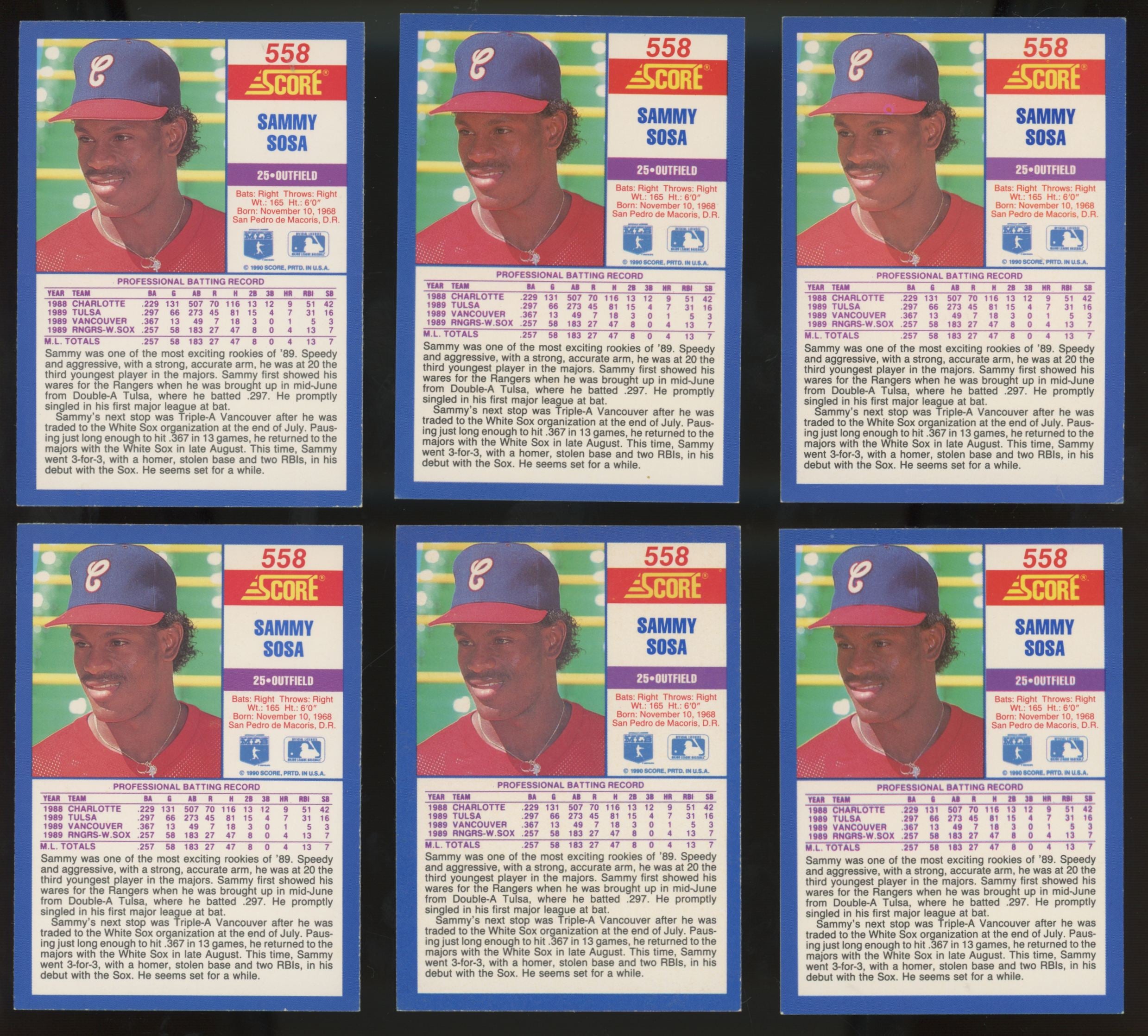 1990 Score Sammy Sosa RC #558 (Lot Of 20)