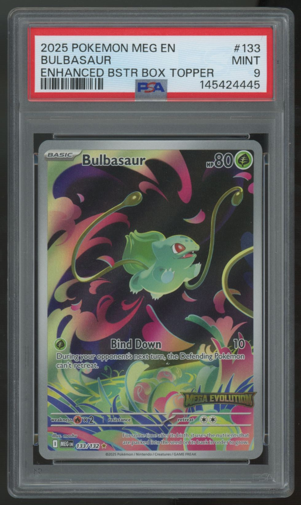 2025 Pokemon Bulbasaur Mega Evolution Enhanced Box Topper #133 PSA 9