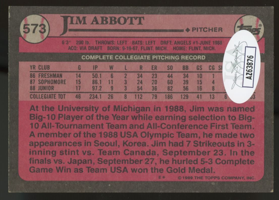 1989 Topps Jim Abbott RC #573 Signed Auto JSA