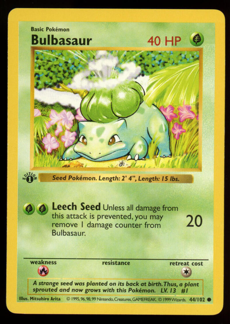 1999 Pokemon Shadowless Bulbasaur Base Set 1st Edition Holofoil LP 44/102 ID: 11870