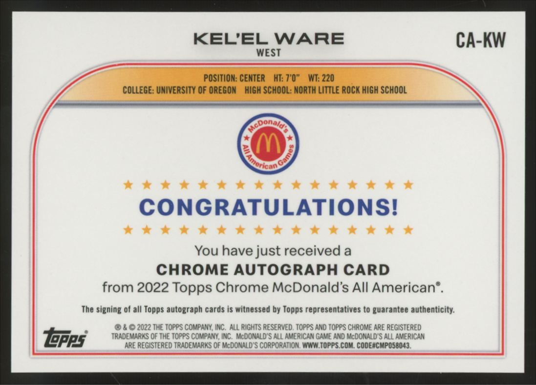 2022 Topps Chrome McDonald's All American Kel'el Ware Auto #CA-KW