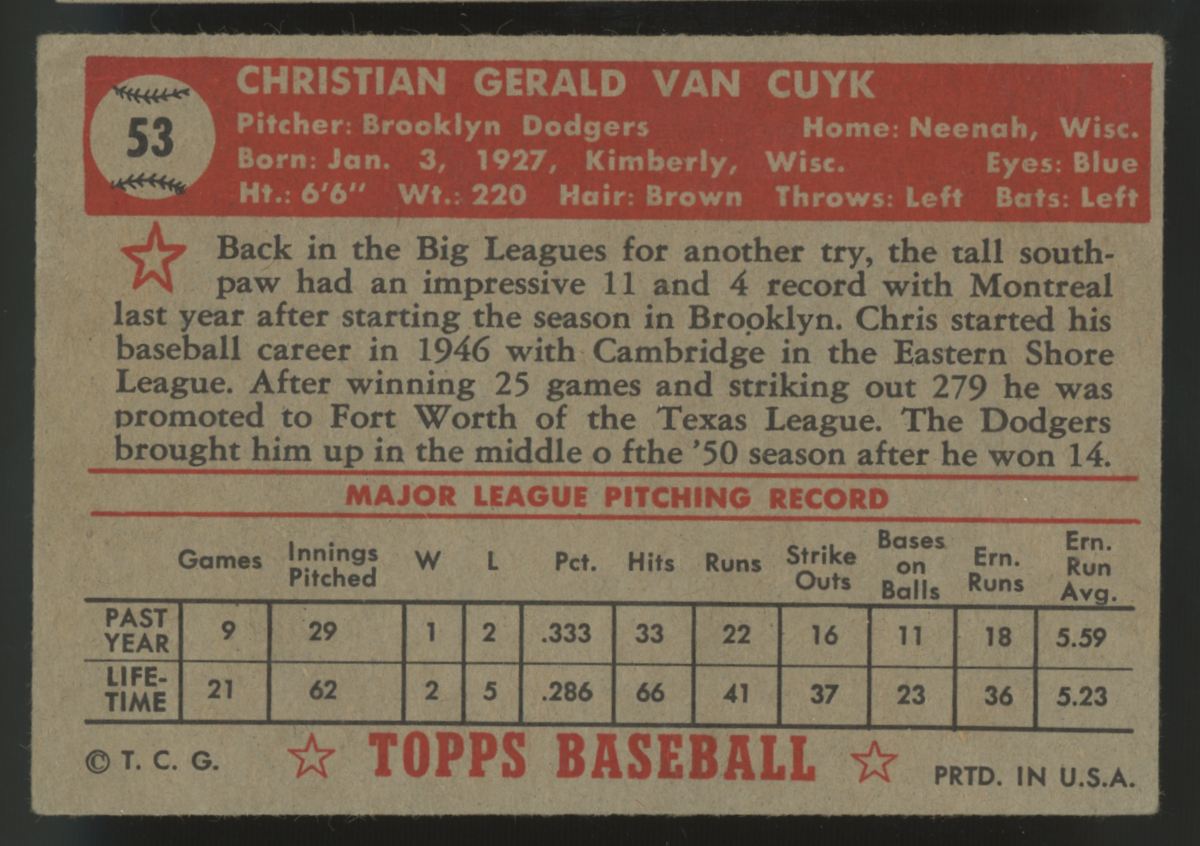 1952 Topps Chris Van Cuyk RC #53 VG