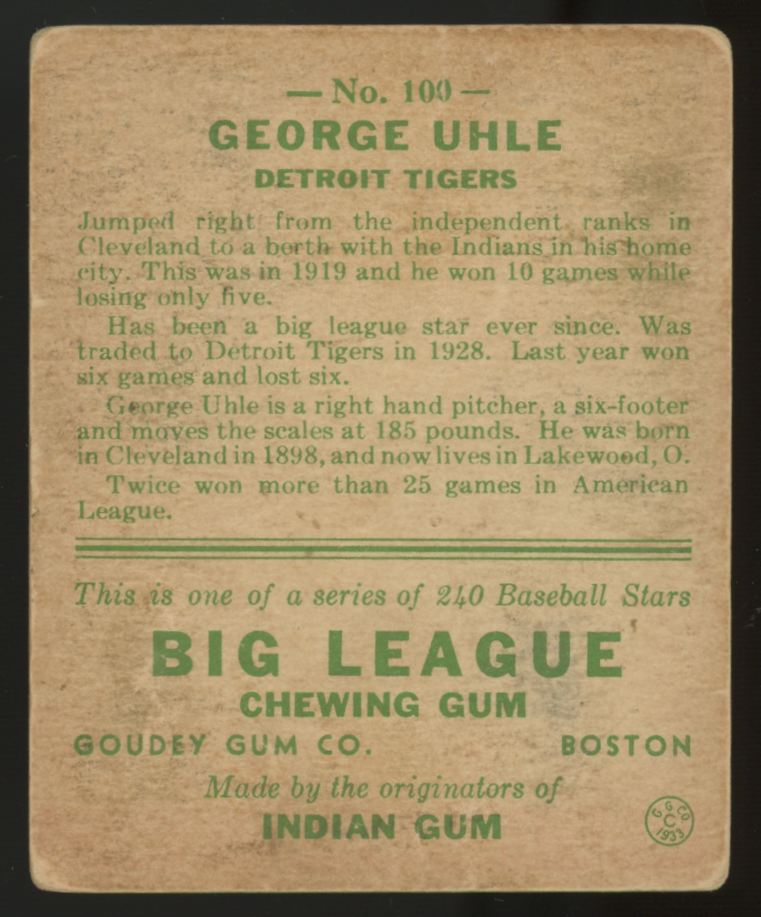 1933 Goudey George Uhle #100 Poor