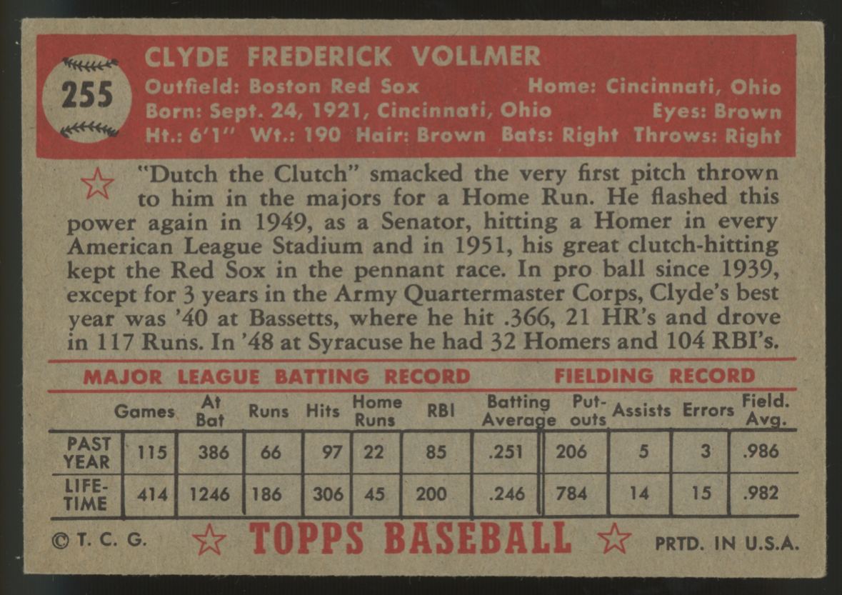 1952 Topps Clyde Vollmer #255 VG/EX "A"