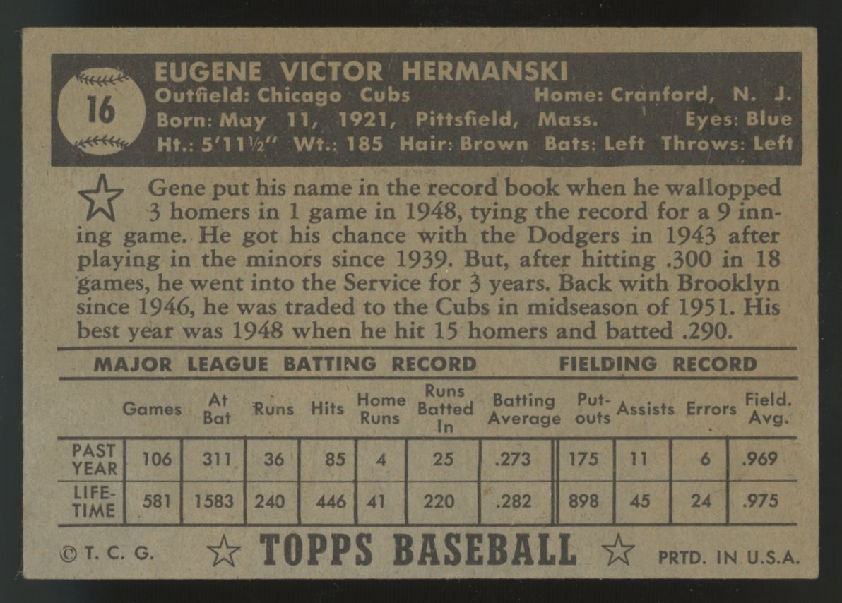 1952 Topps Gene Hermanski Black Back #16 VG