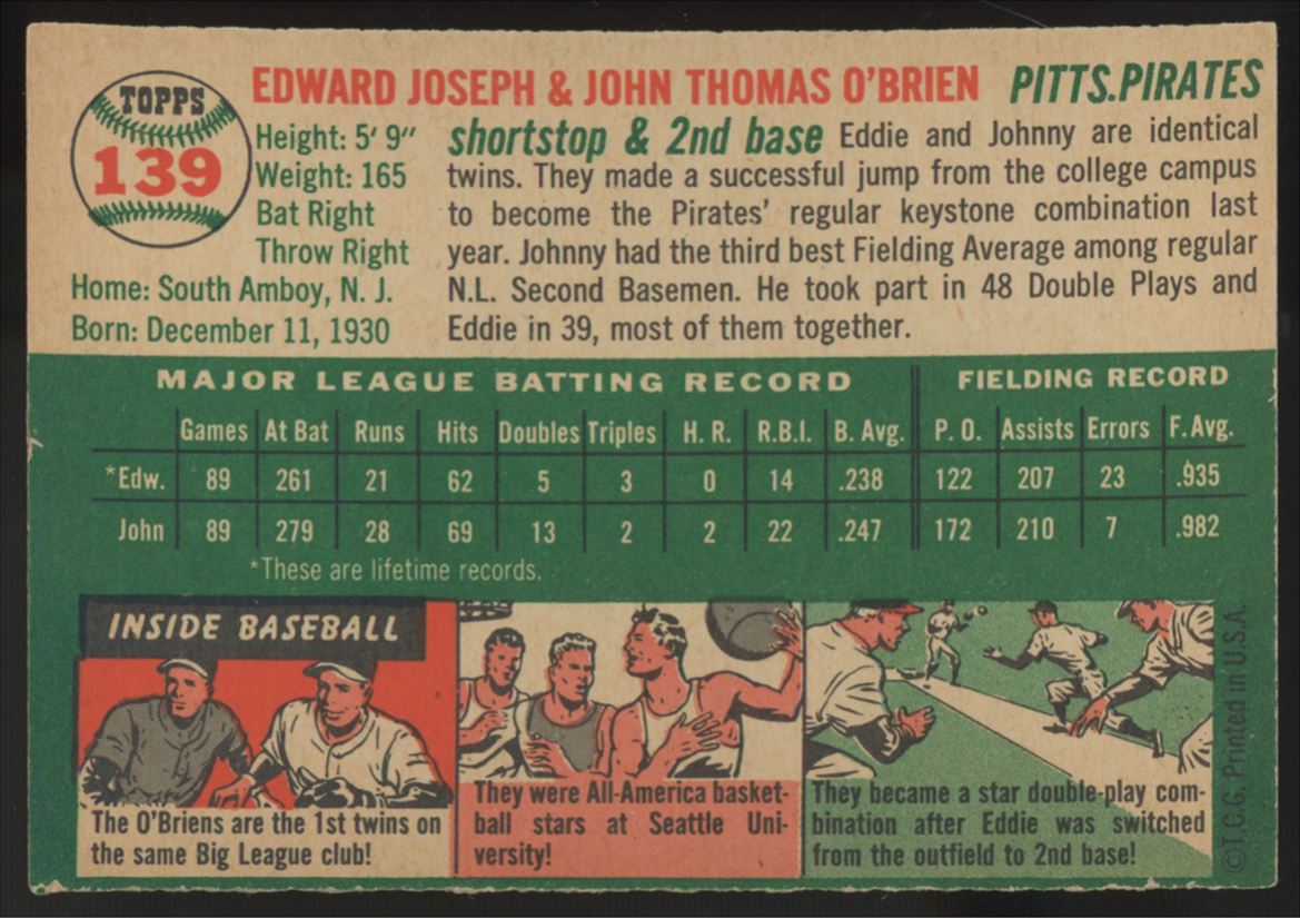 1954 Topps Ed & John O'Brien #139 EX-MT (Centered)