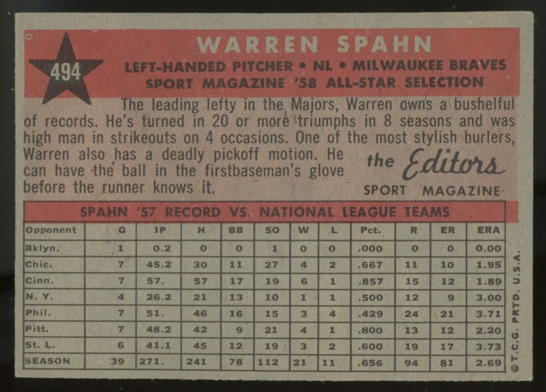 1958 Topps Warren Spahn AS #494 EX+