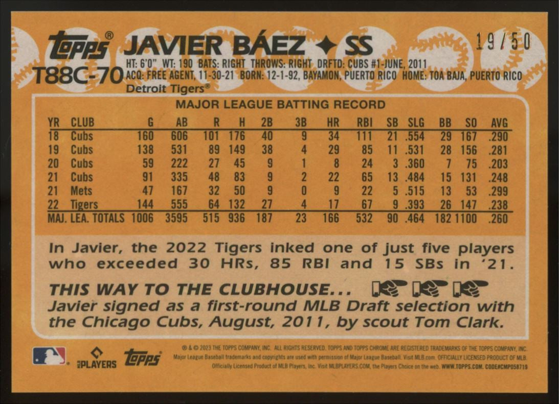 2023 Topps Chrome Silver Pack Javier Baez 1988 Gold Mojo /50 #T88C-70