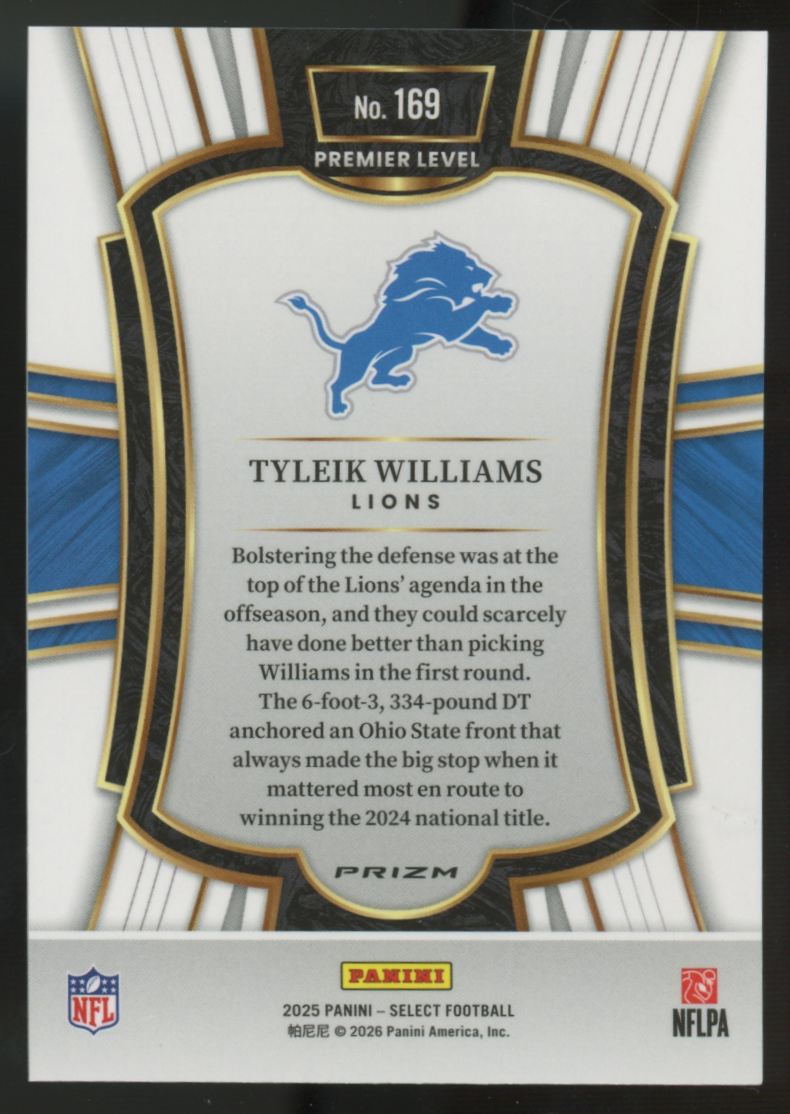 2025 Select Tyleik Williams RC Premier Level Zebra Shock Prizm SSP #169