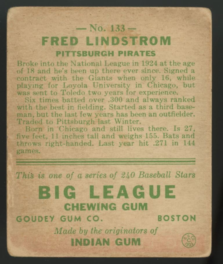 1933 Goudey Fred Lindstrom #133 Good