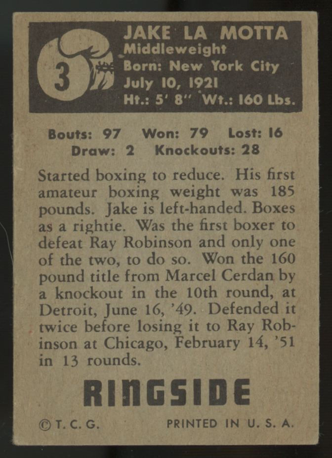 1951 Topps Ringside Jake La Motta #3 VG/EX