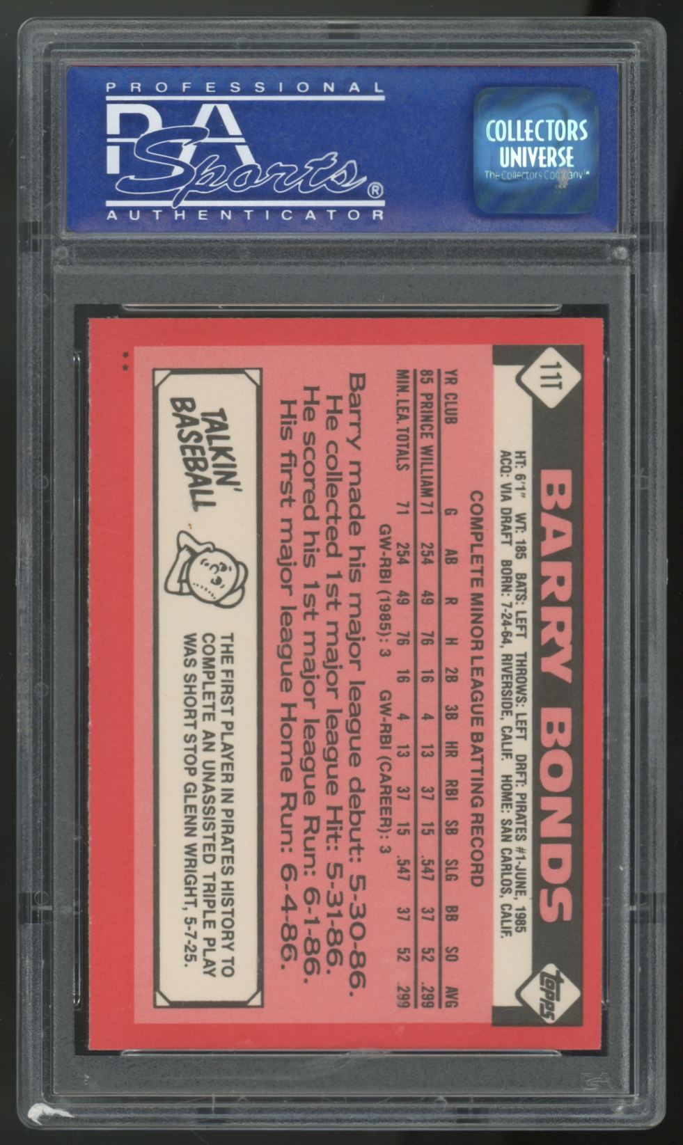 1986 Topps Traded Barry Bonds RC #11T PSA 9 *154