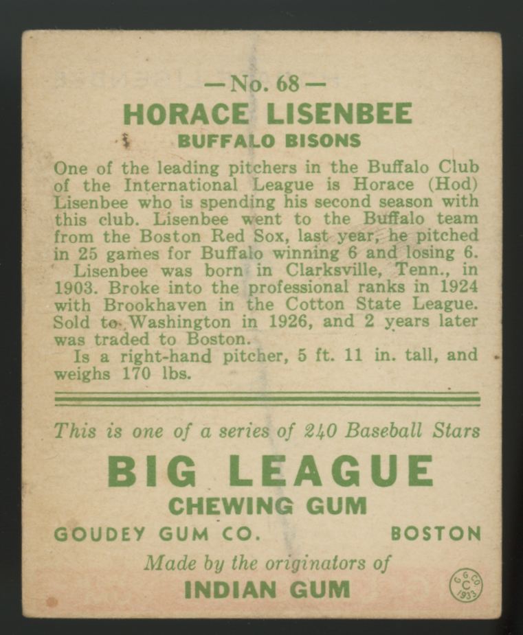 1933 Goudey Horace Lisenbee #68 Good