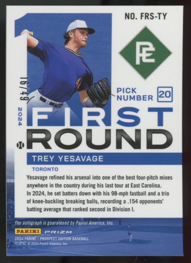 2024 Prospect Edition Trey Yesavage First Round Auto Blue Prizm /49 #FRS-TY