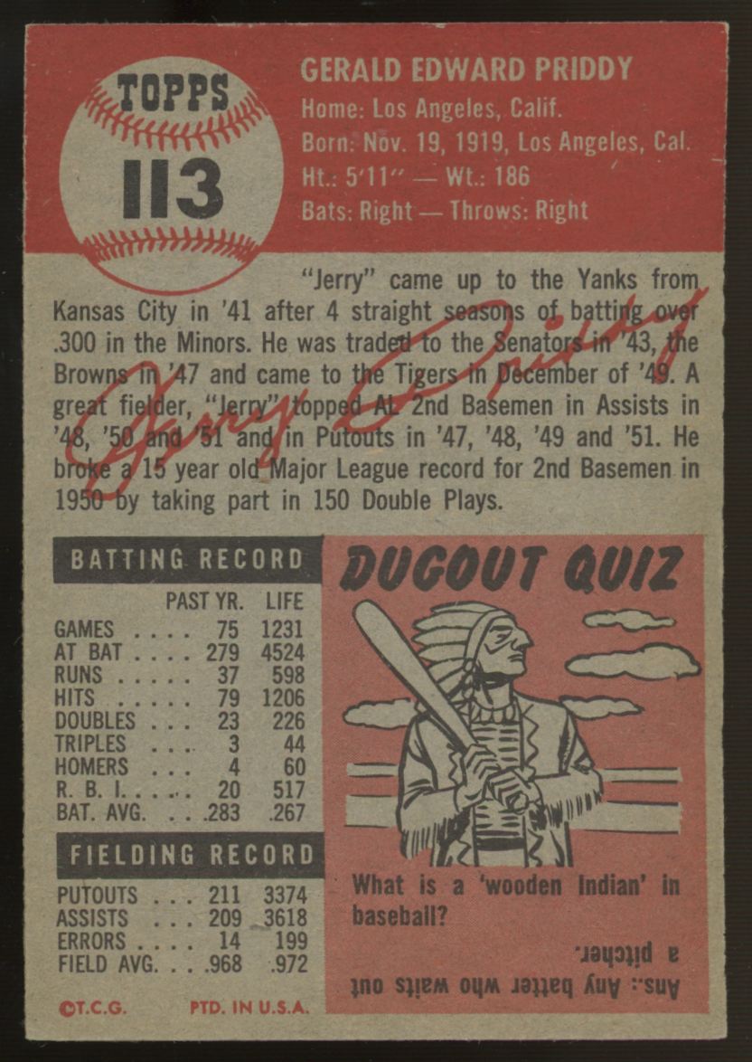 1953 Topps Jerry Priddy #113 EX-EX/MT