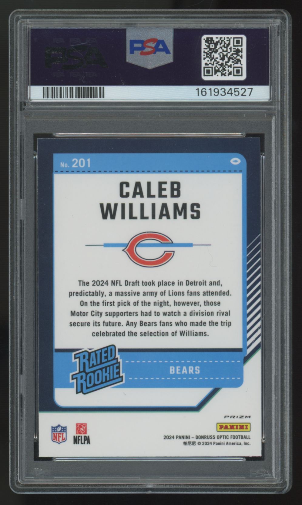 2024 Panini Donruss Optic Caleb Williams RC Rated Rookie Purple Shock #201 PSA 9