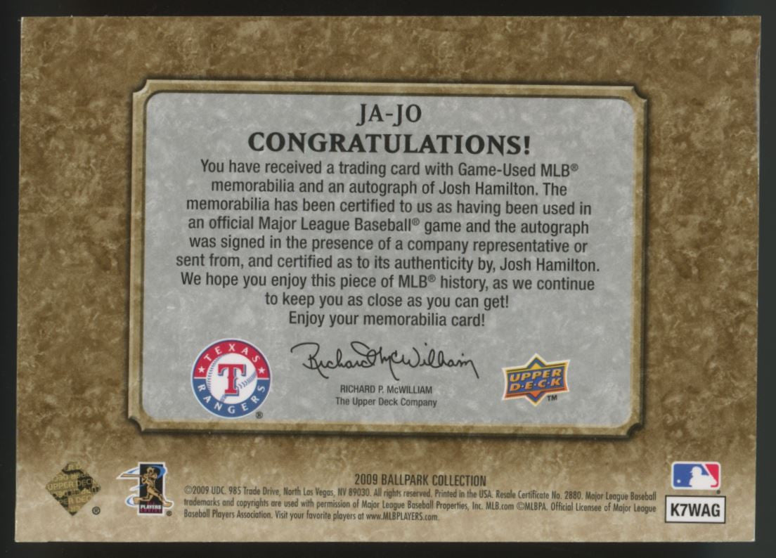 2009 Ballpark Collection Josh Hamilton Patch Auto #JA-JO