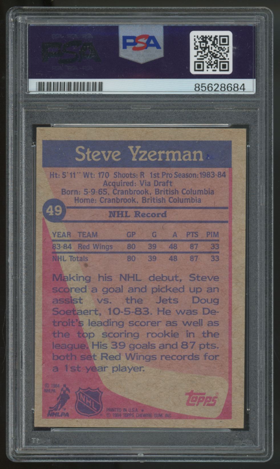 1984-85 Topps Steve Yzerman RC Signed Auto #49 PSA Auto Authentic