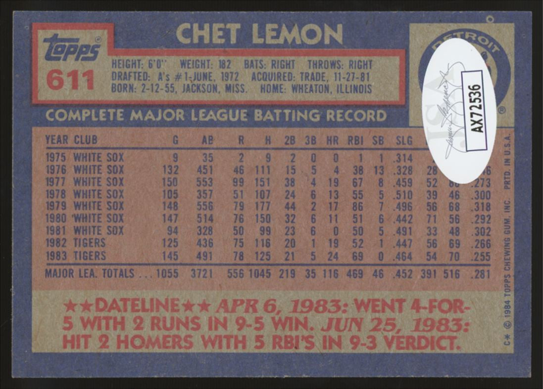 1984 Topps Chet Lemon #611 Signed Autographed Card JSA