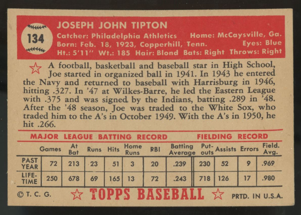 1952 Topps Joe Tipton #134 VG/EX "A"