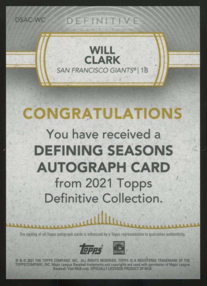 2021 Topps Definitive Will Clark Defining Seasons Auto Purple /5 #DSAC-WC
