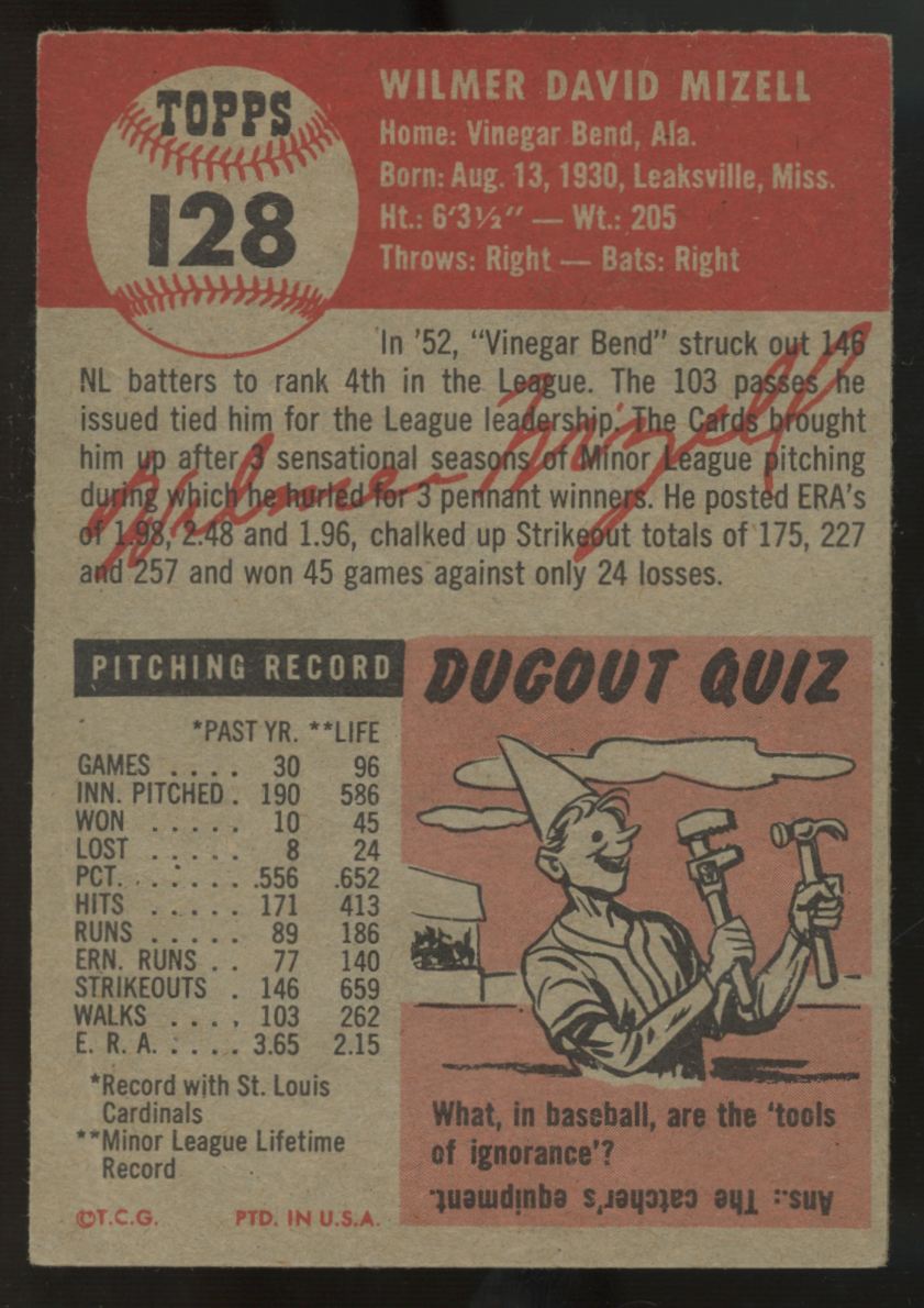 1953 Topps Wilmer Mizell #128 VG "A"