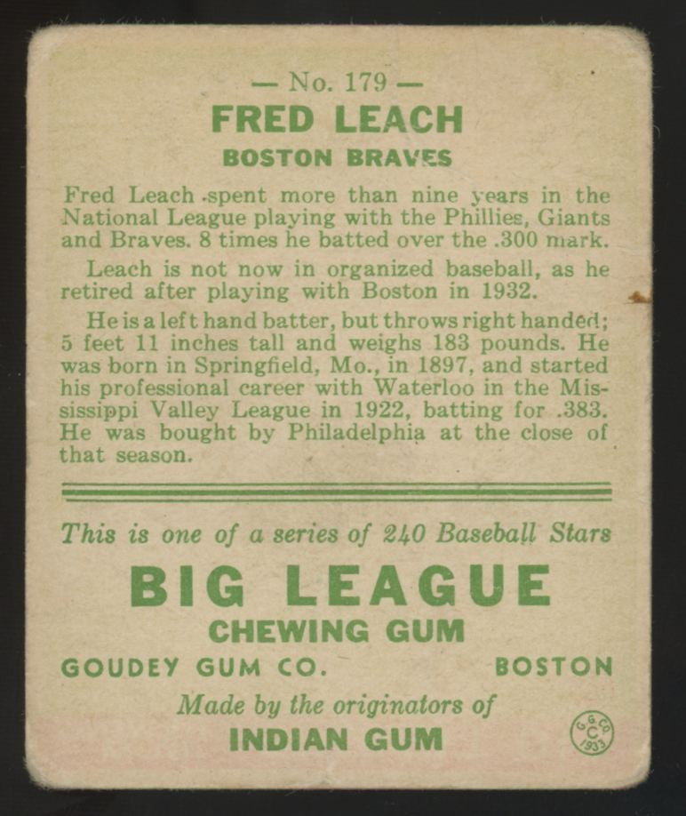 1933 Goudey Fred Leach #179 F/G (Creases)