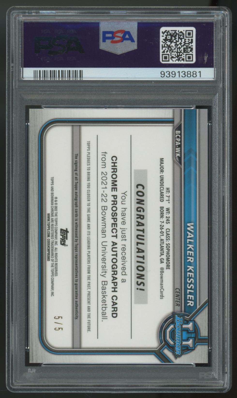 2021-22 Bowman Chrome U Walker Kessler 1st Red Shimmer Auto /5 #BCPA-WK PSA 10