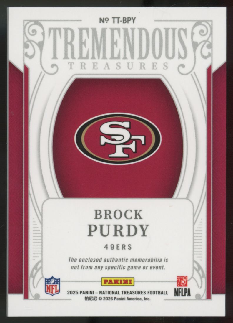 2025 National Treasures Brock Purdy Tremendous Treasures Patch /99 #TT-BPY