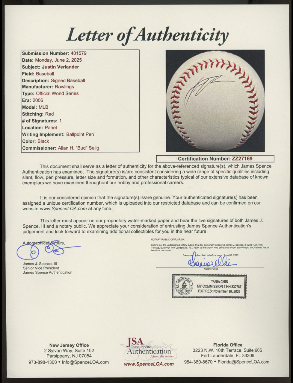 Justin Verlander Signed Autographed Rawlings 2006 World Series Baseball JSA LOA