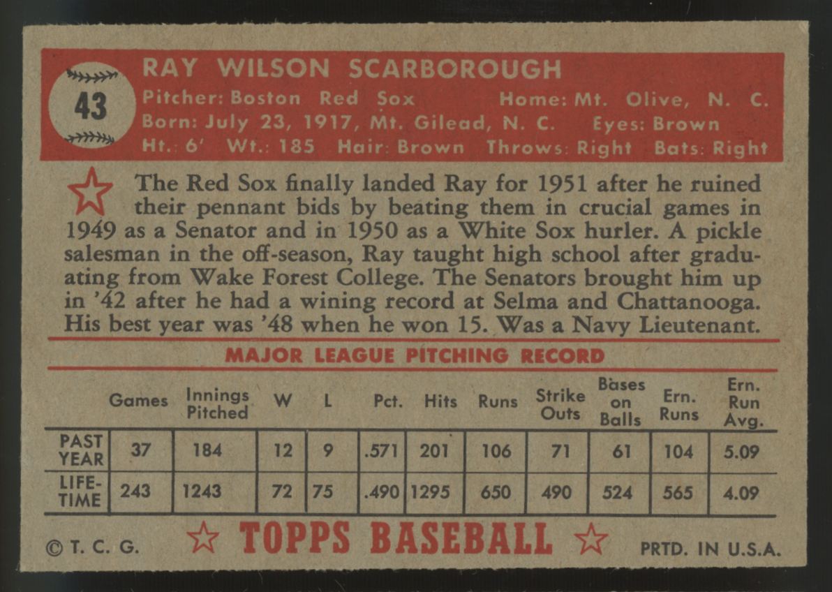 1952 Topps Ray Scarborough #43 VG