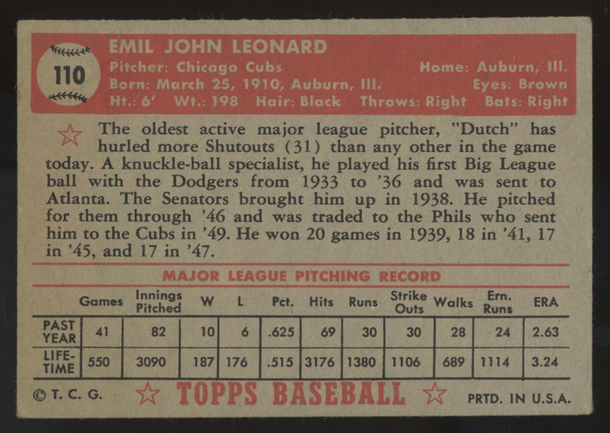 1952 Topps Dutch Leonard RC #110 VG