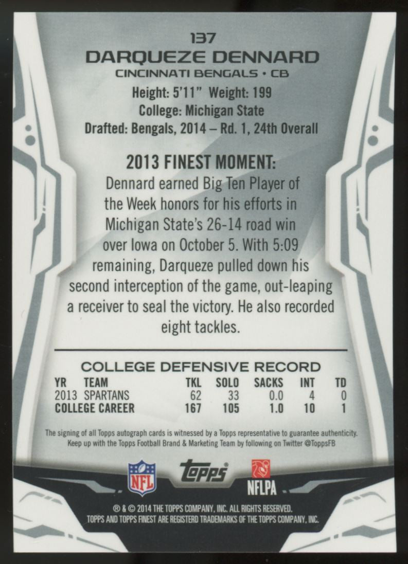 2014 Topps Finest Darqueze Dennard RC Auto Red Refractor /15 #137
