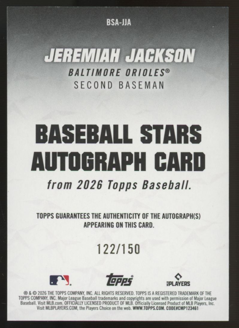 2026 Topps Series One Jeremiah Jackson RC Baseball Stars Blue Auto /150 #BSA-JJA
