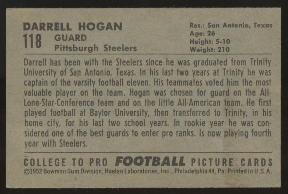 1952 Bowman Darrell Hogan #118 VG